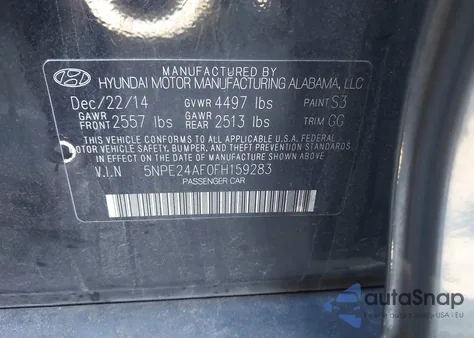 2015 Hyundai Sonata Se from USA, damaged, VIN 5NPE24AF0FH159283